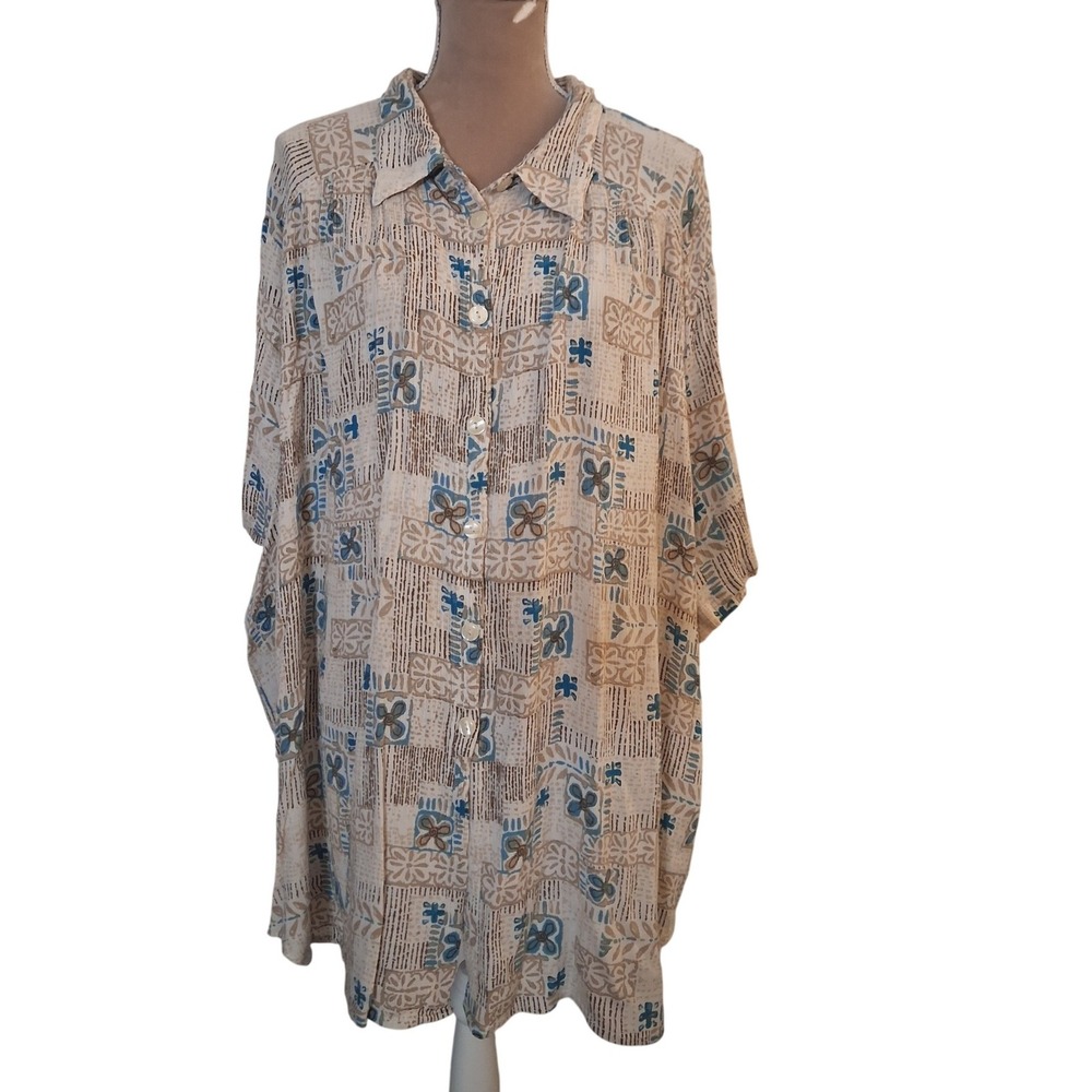 Maggie Barnes Womens 34W Blue Tan Floral Geometric Rayon Button Up Blouse Top